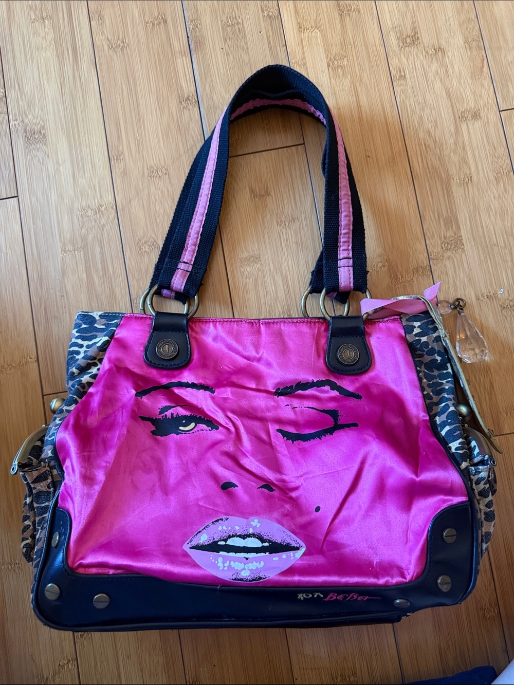RARE Betsey Johnson Hot Pink Satin Tote with Leopard Sides